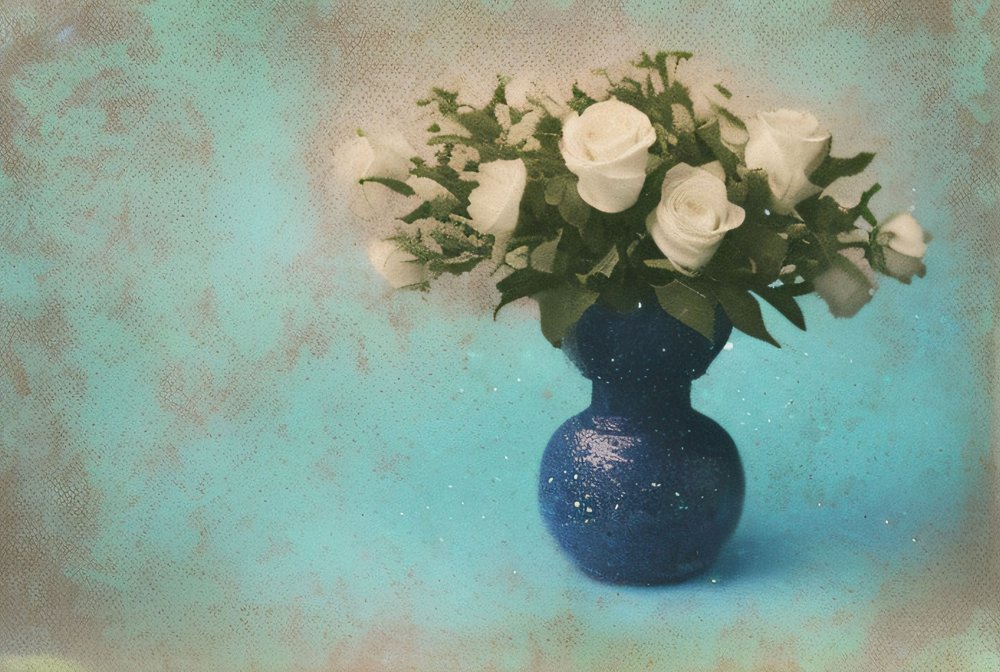 Rosas blancas en jarrón azul de Cicero Spin