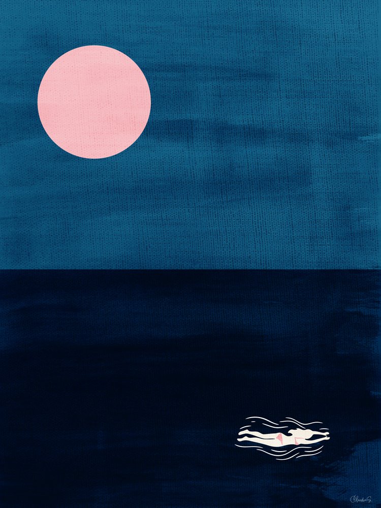 Lámina artística abstracta del océano «Midnight Swim Pink Moon» de Claudia Spano'