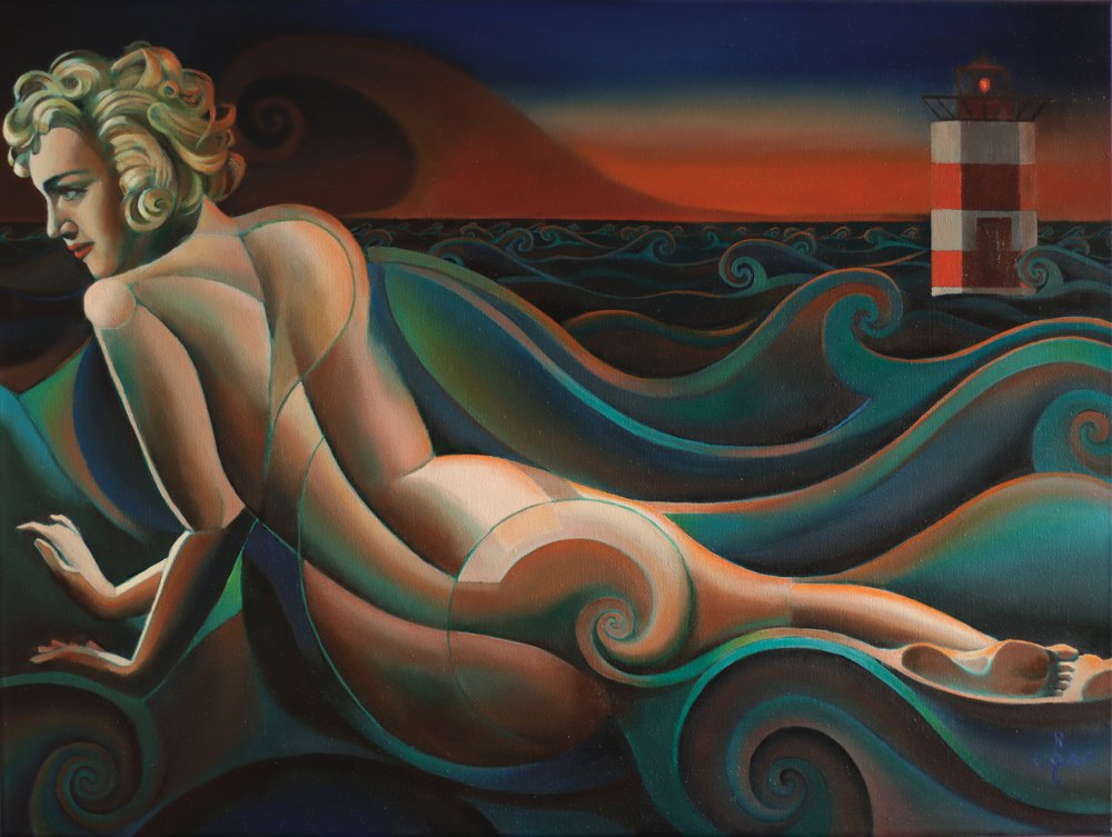 Mujer desnuda y olas del mar de Corné Akkers