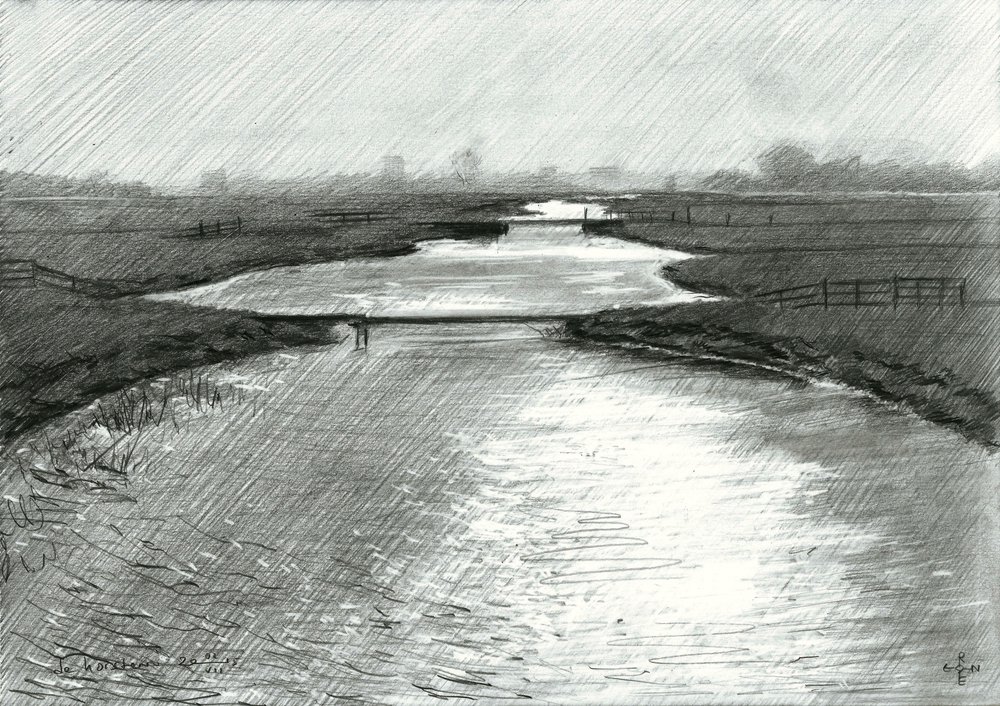 Boceto de un paisaje fluvial tranquilo de Corné Akkers
