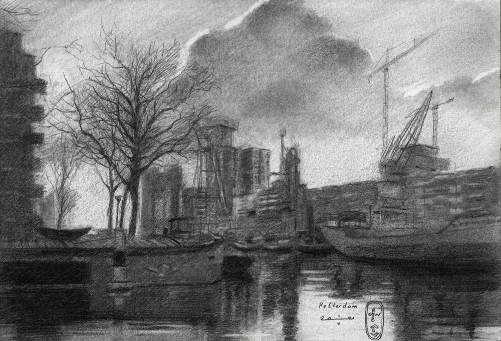 Boceto del puerto de Róterdam en invierno de Corné Akkers