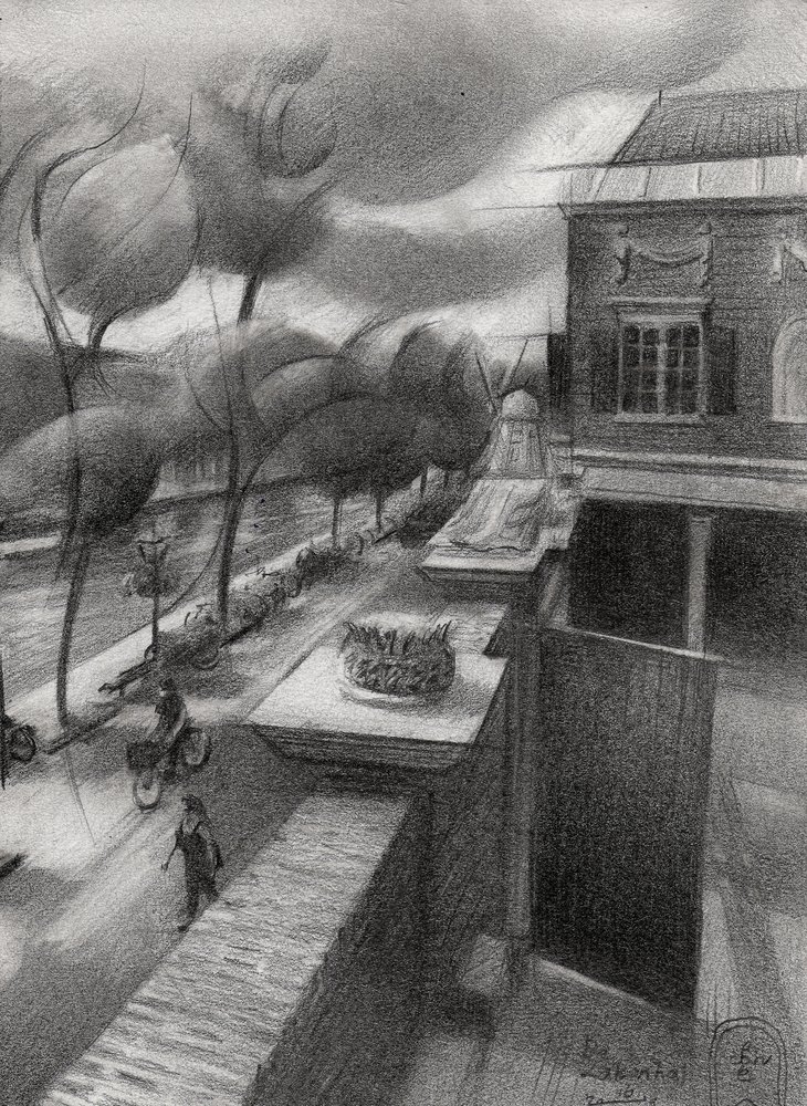 Vista de una calle de la ciudad en estilo vintage de Corné Akkers