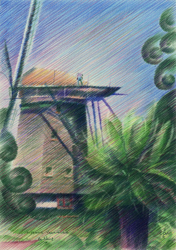 Dibujo de la vista del molino de viento de Corné Akkers