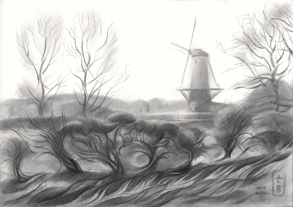 Dibujo de un molino de viento en invierno de Corné Akkers