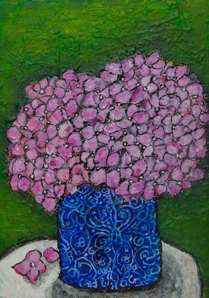 Naturaleza muerta con hortensias rosas de Dale Hefer & Family