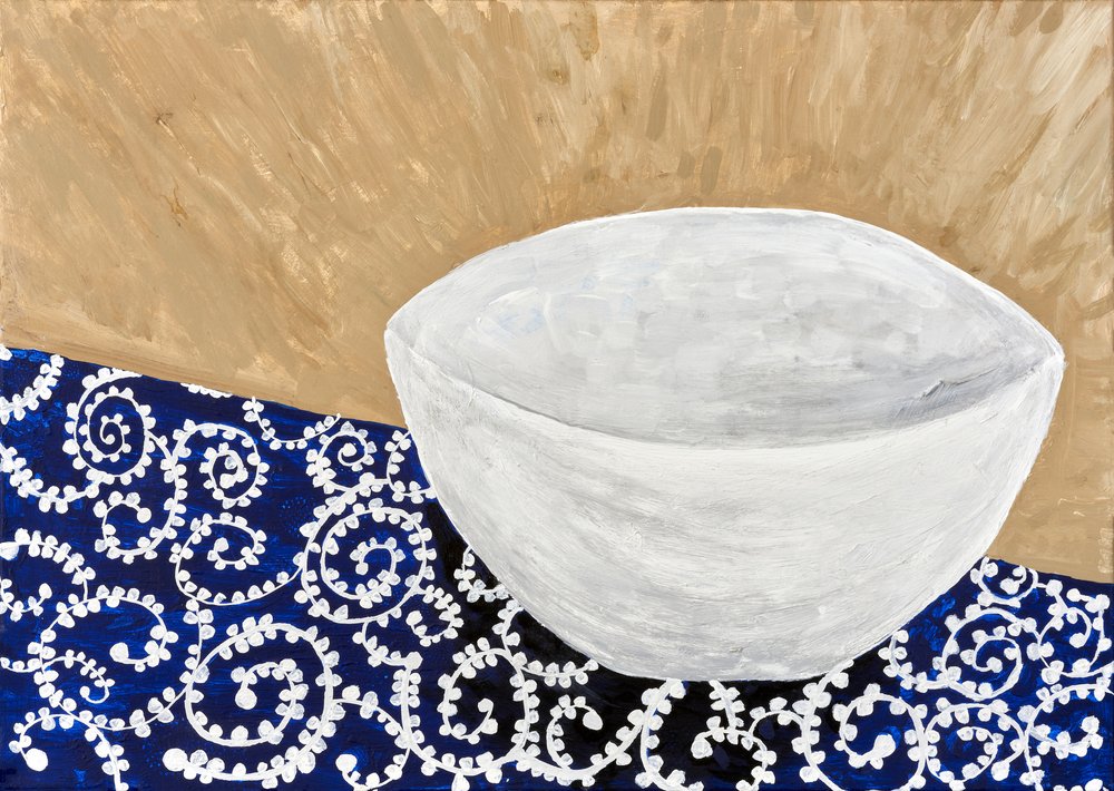 Cuenco blanco con motivos azules de Dale Hefer & Family