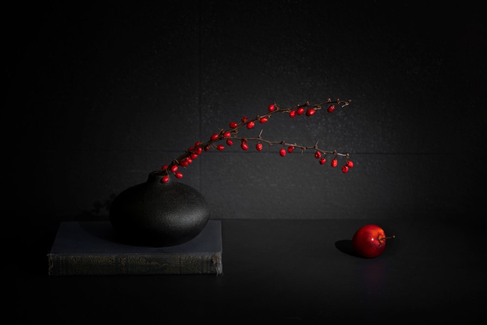 Naturaleza muerta con bayas rojas en un jarrón negro de Dennis Zhang