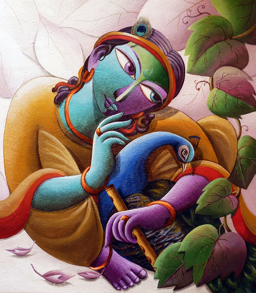 El Señor Krishna con un pavo real de Dhananjoy Mukherjee