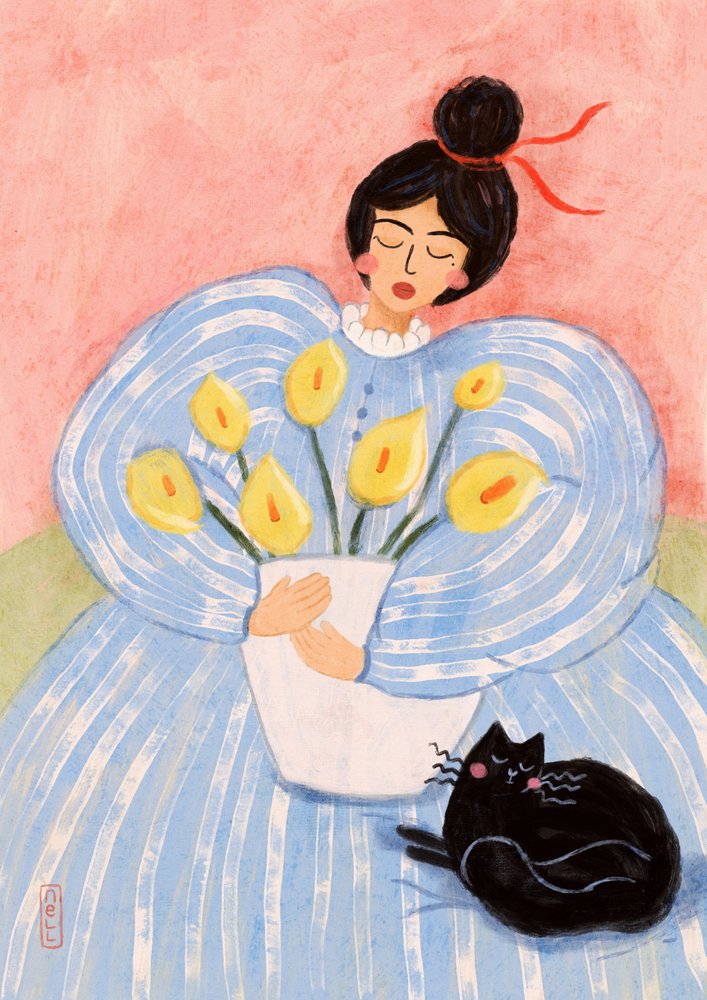 Mujer con flores y un gato de Dirkie Nell