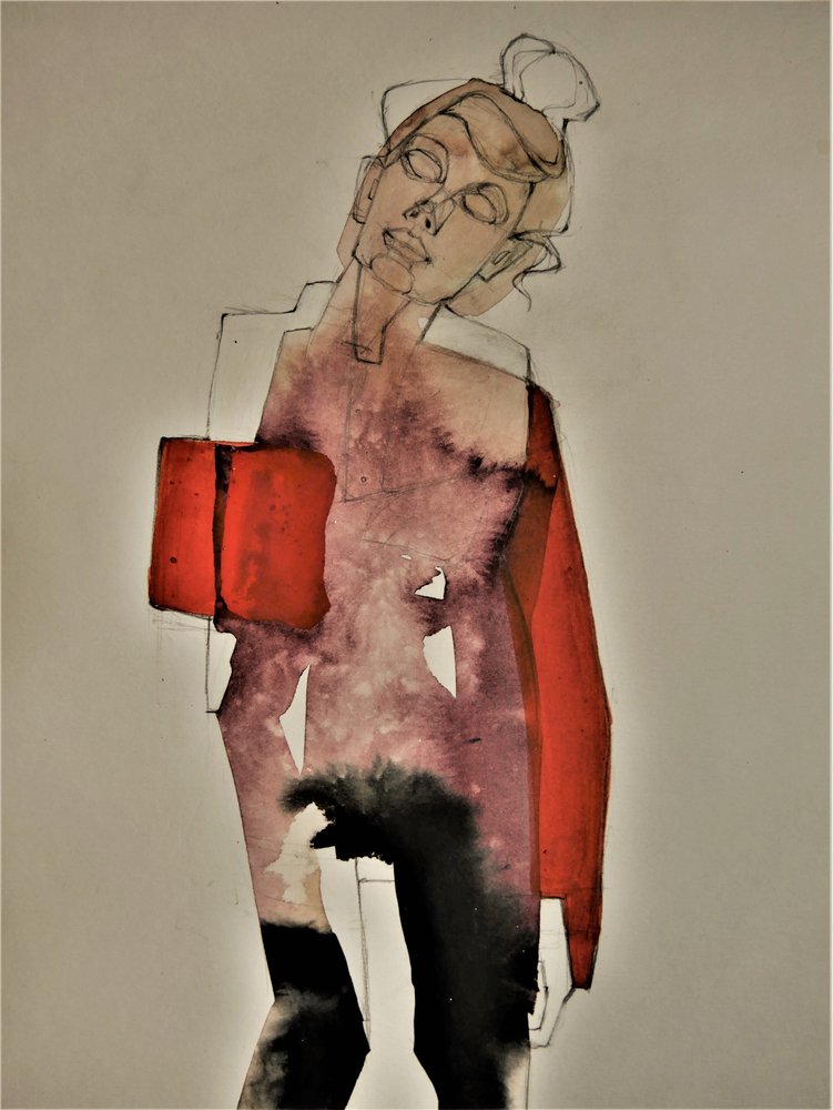 Mujer roja contemplativa de Doris Schmitz
