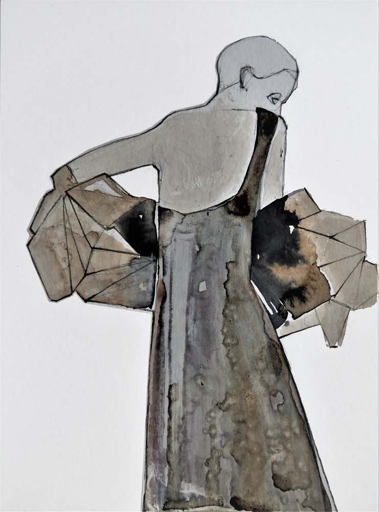 Mujer contemplativa vestida de gris de Doris Schmitz
