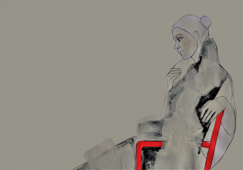Mujer contemplativa vestida de rojo de Doris Schmitz
