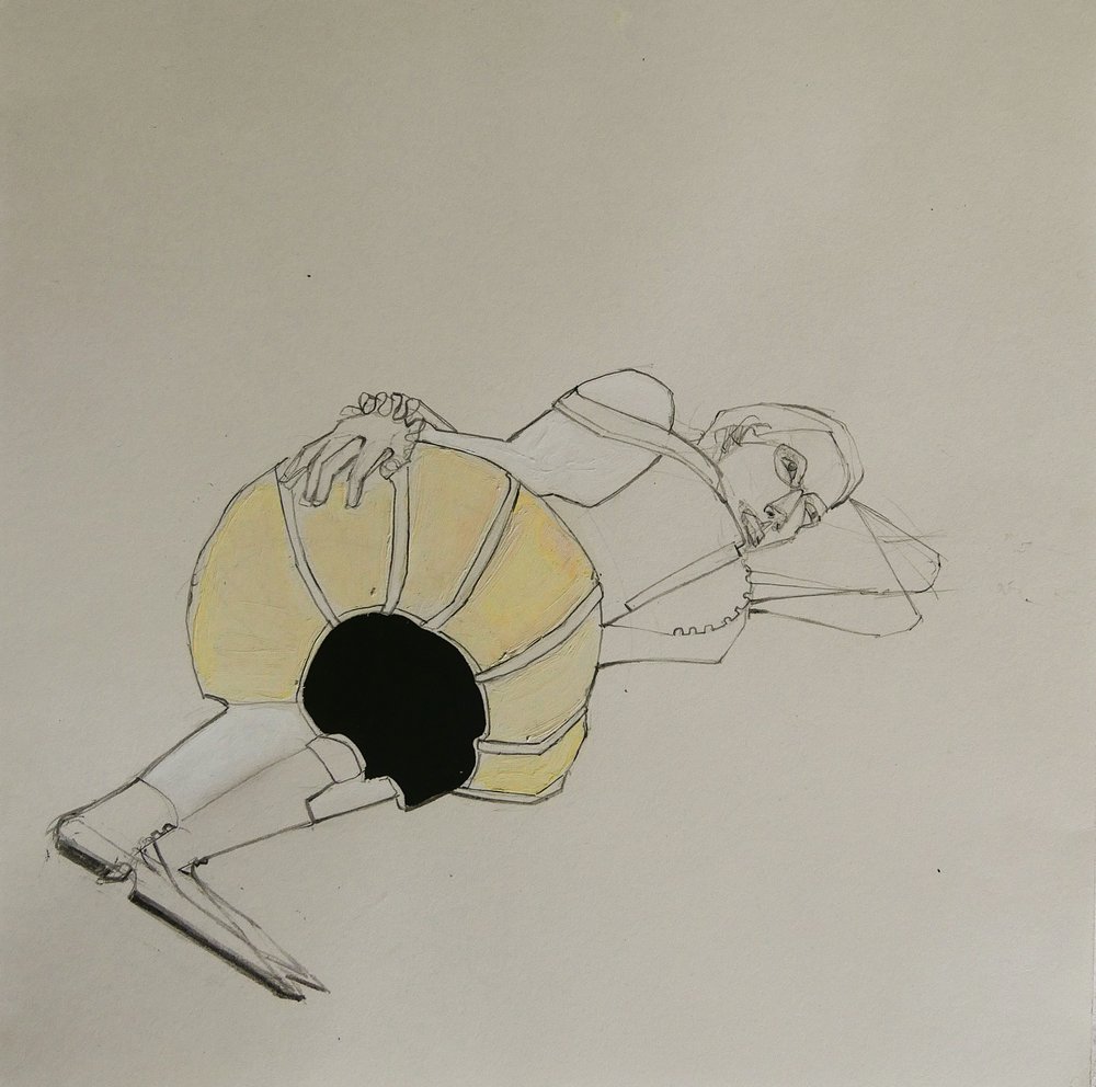 Figura amarilla contemplativa de Doris Schmitz