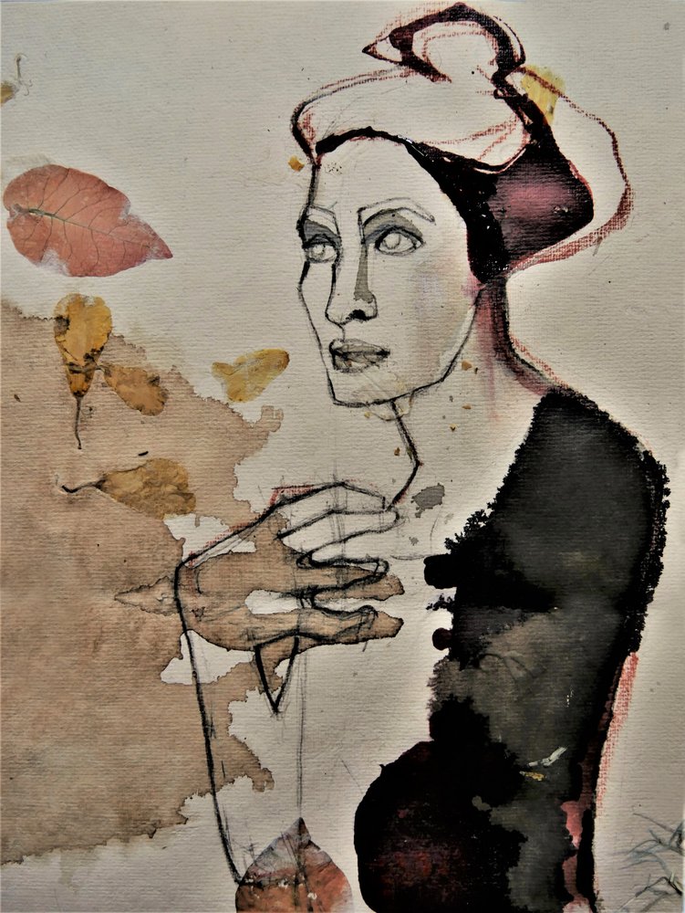 Mujer pensativa con hojas de Doris Schmitz