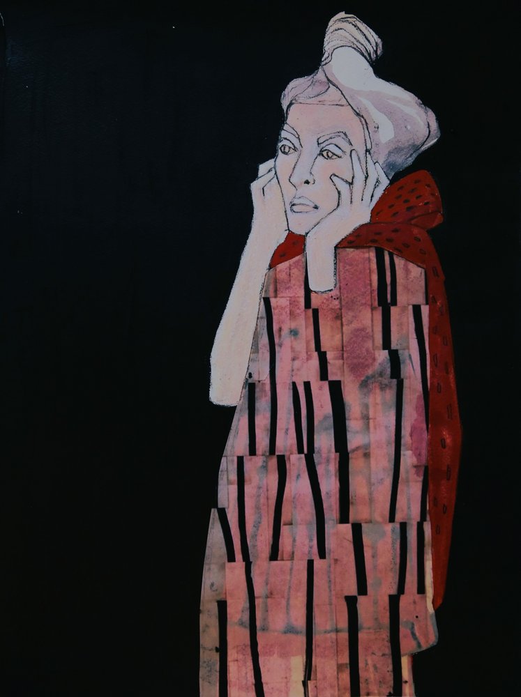 Mujer pensativa vestida de rojo de Doris Schmitz