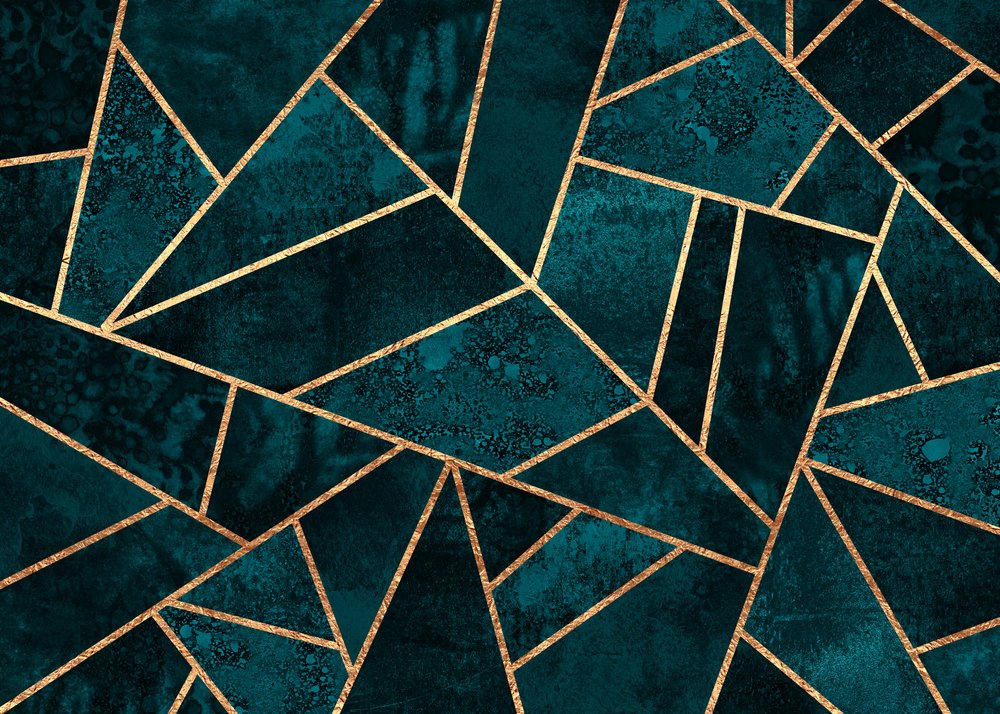 Mosaico geométrico en verde azulado y dorado de Elisabeth Fredriksson
