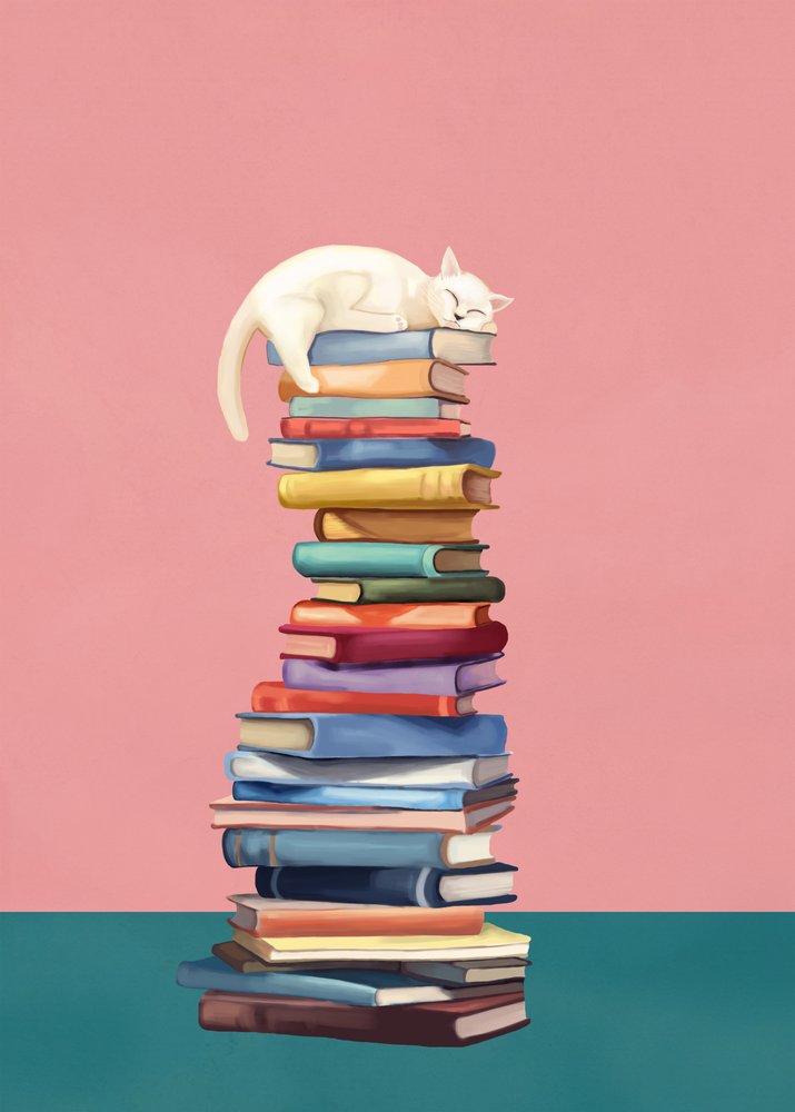 Un gatito acurrucado sobre libros de colores de Flow Line