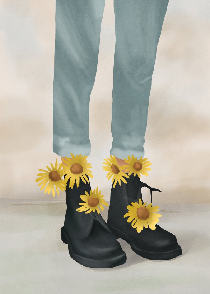 Botas de denim con estampado de girasoles de Flow Line