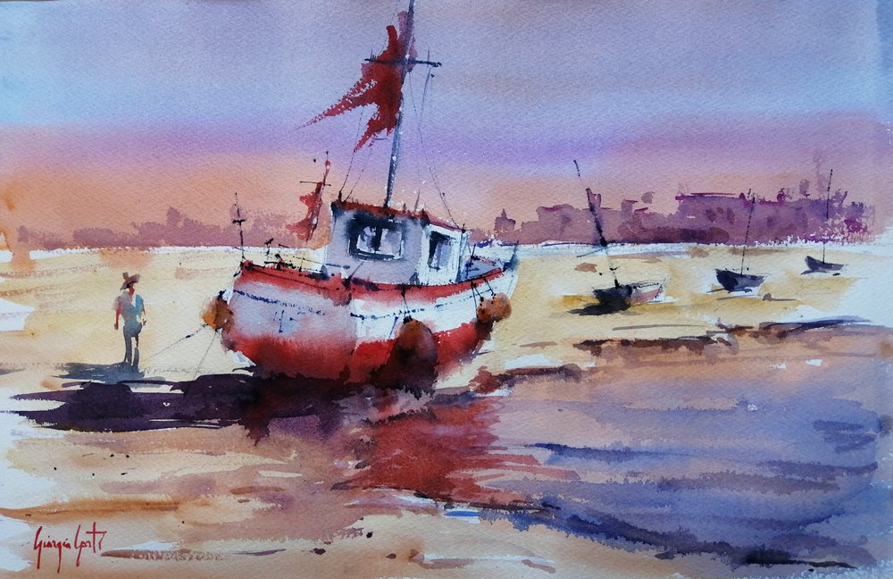 Barco varado al atardecer de Giorgio Gosti