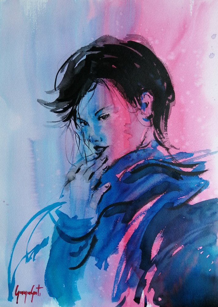 Retrato dinámico en rosa y azul de Giorgio Gosti