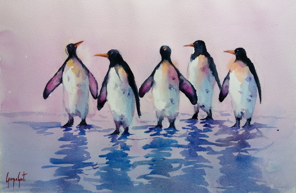 Cinco pingüinos caminando de Giorgio Gosti
