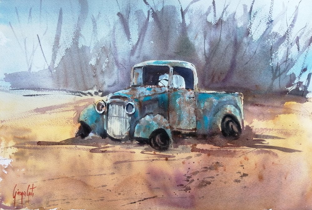 Camioneta azul oxidada de Giorgio Gosti