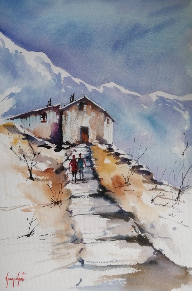 Camino nevado hacia la cabaña de Giorgio Gosti