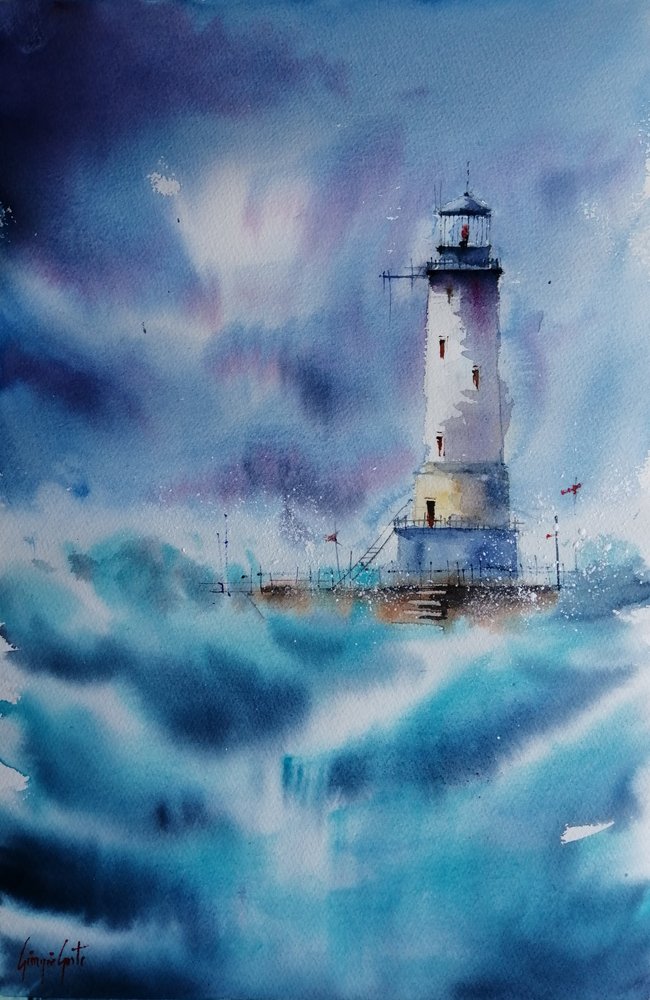 Olas tormentosas en el faro de Giorgio Gosti