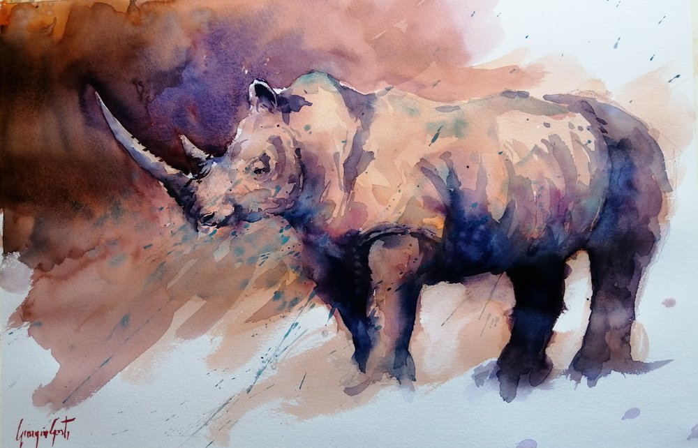 Un rinoceronte en acuarela de vivos colores de Giorgio Gosti