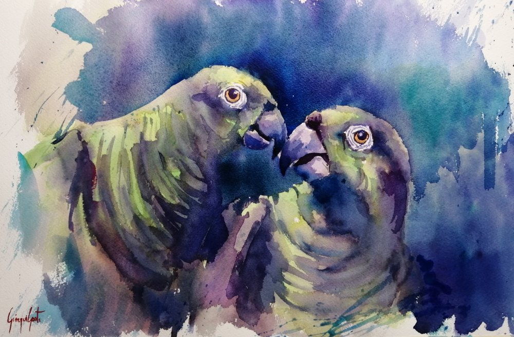 Loro verde en acuarela de Giorgio Gosti