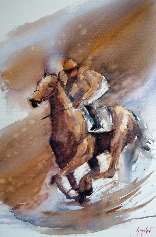 Carrera de caballos en acuarela de Giorgio Gosti