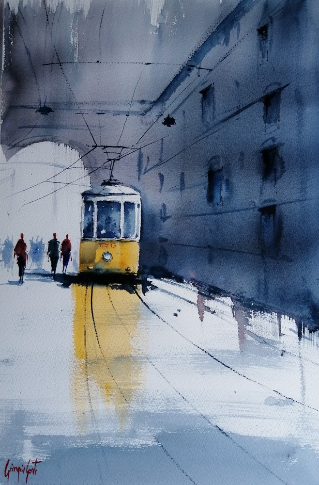 Tranvía amarillo, lluvia en la ciudad de Giorgio Gosti