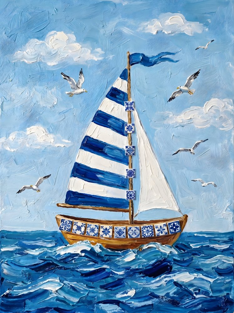 Velero a rayas en el océano azul de HUGO