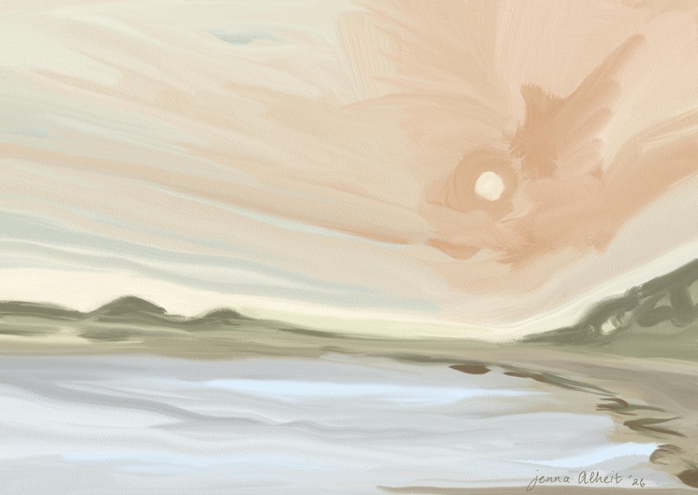 Puesta de sol en la tranquila playa de Jenna Alheit
