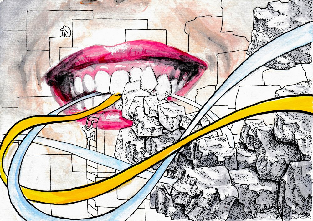 Dientes. Piedras y cuerdas. Pintura en acuarela y tinta. de Johan Liewendahl