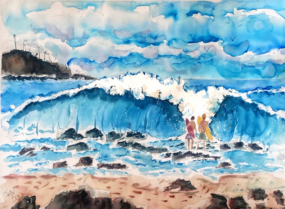 Surfistas en la playa de las grandes olas de John Dunn