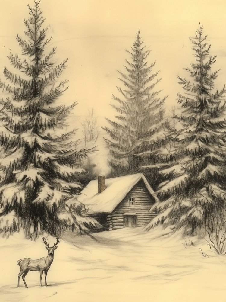 Cabaña rústica de invierno con ciervos de Jolly and Dash