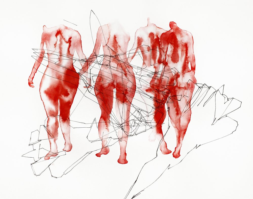 Figuras rojas caminando de Joshua Hoskins