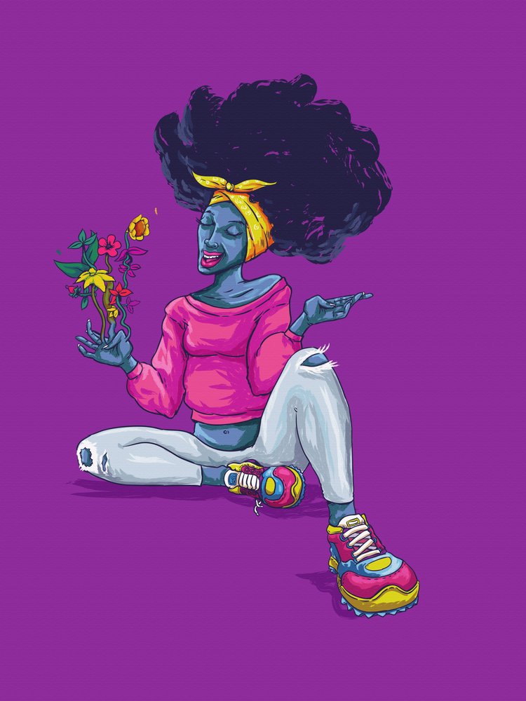 Mujer afro alegre con flores de Joshua msonthe