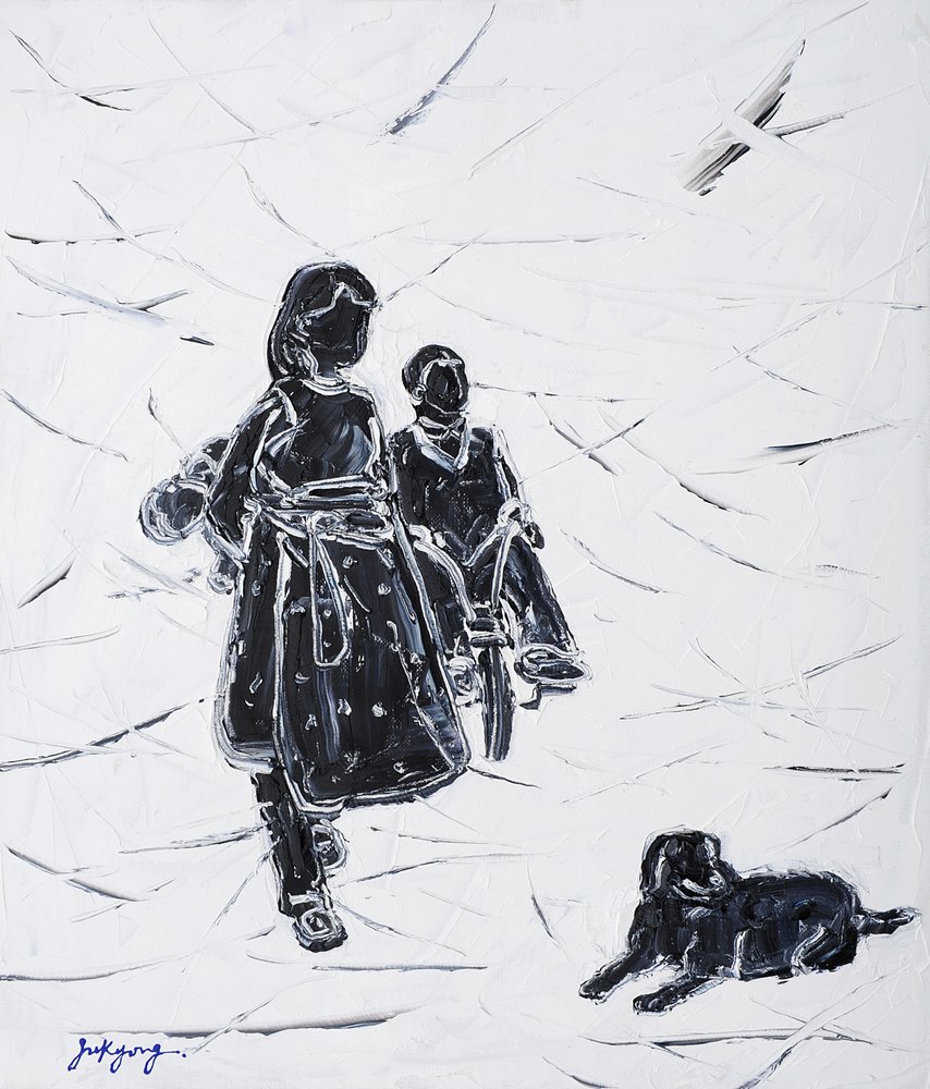 Niños paseando al perro de Jukyong Park