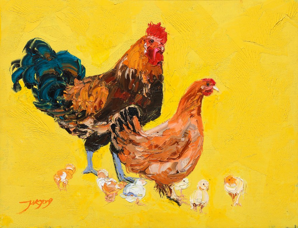 La alegre familia del pollo de Jukyong Park