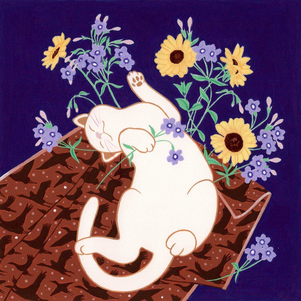 Un gato juguetón y unos girasoles de Julie Lesouef