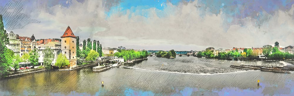Boceto de una vista de la ciudad junto al río de Justyna Jaszke