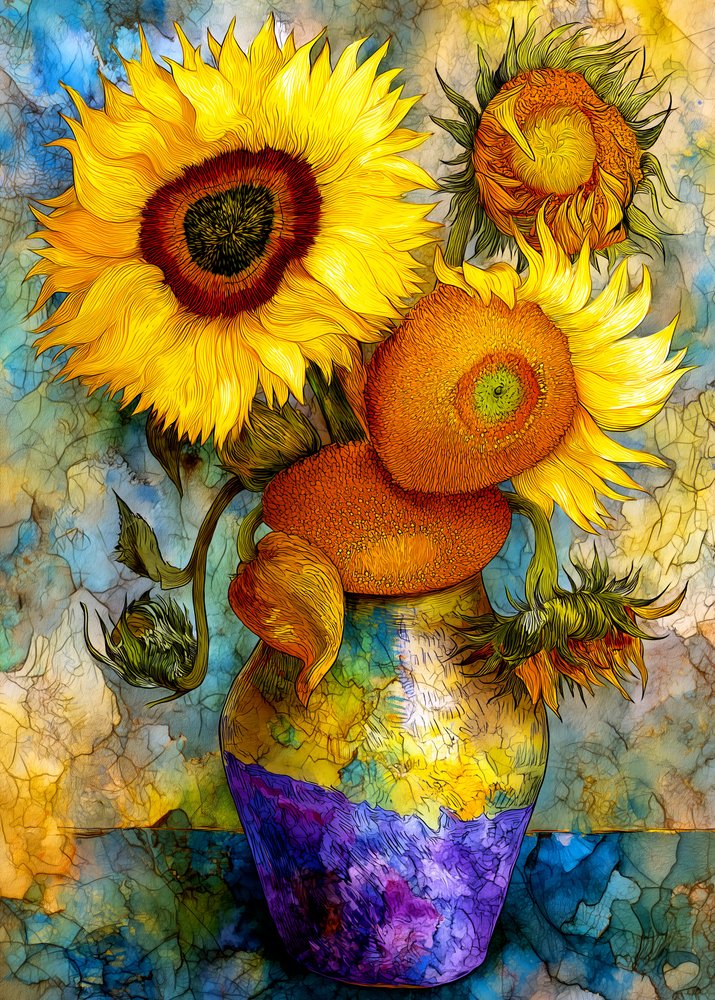Naturaleza muerta con girasoles de colores vivos de Justyna Jaszke