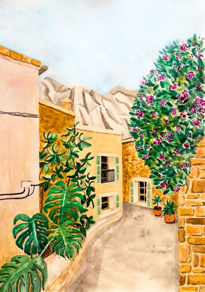 Calle soleada de un pueblo europeo de Karen Menzenbach