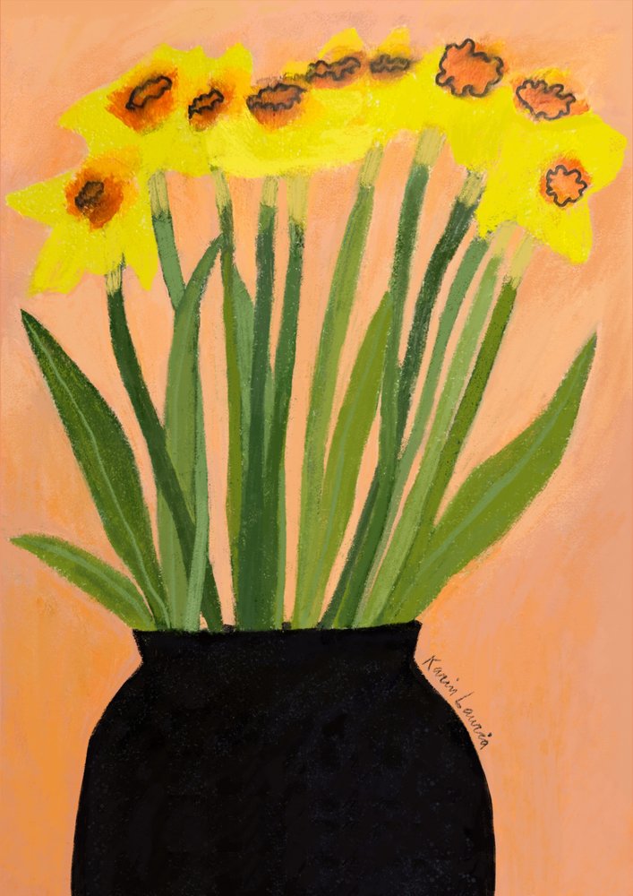 Narcisos amarillos en un jarrón negro de Karin Lauria