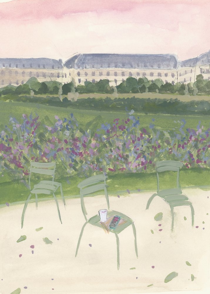 Ilustración en acuarela de un jardín parisino de Katharina Puritscher