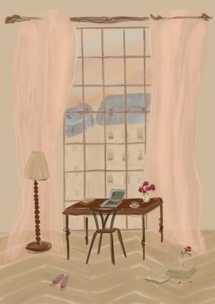 Ilustración de una vista desde una ventana de París con un escritorio rústico de Katharina Puritscher