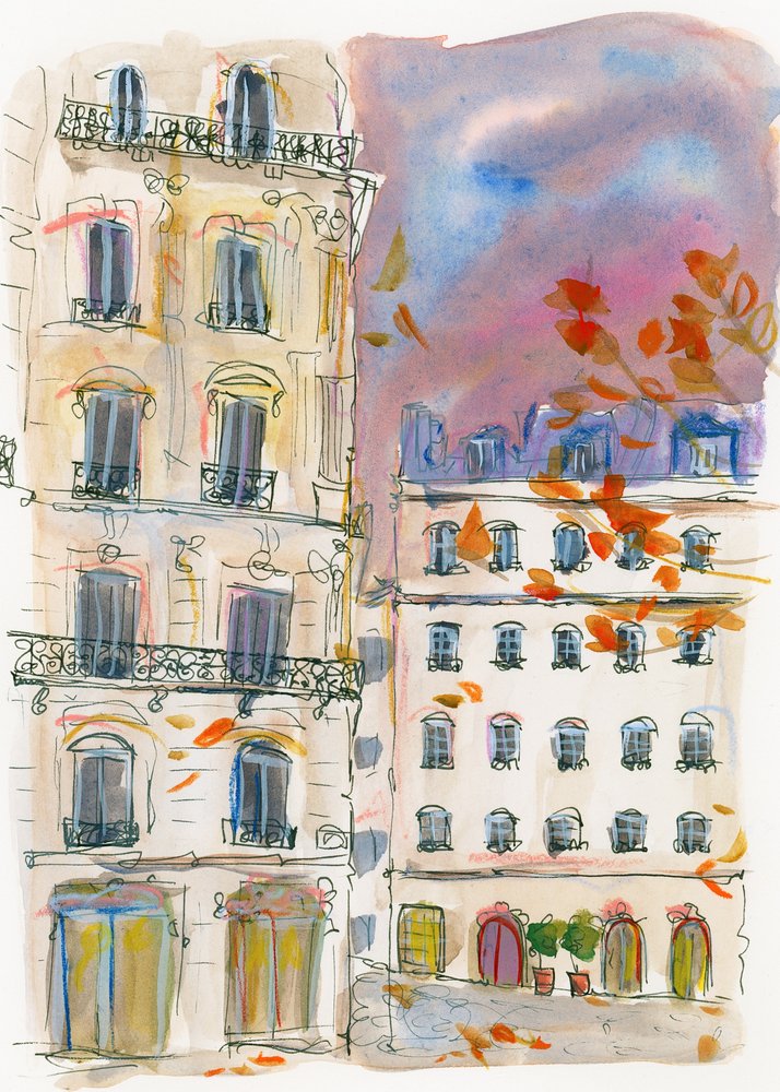 Esquina de una calle de París con un cielo morado de Katharina Puritscher
