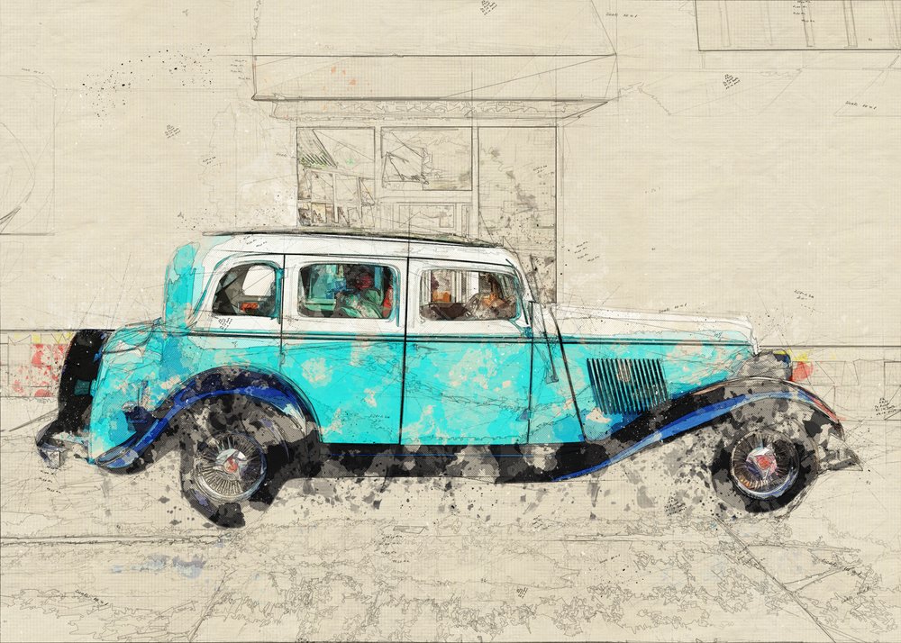Boceto de un coche azul clásico de Lembayung senja studio [Vintage Poster]